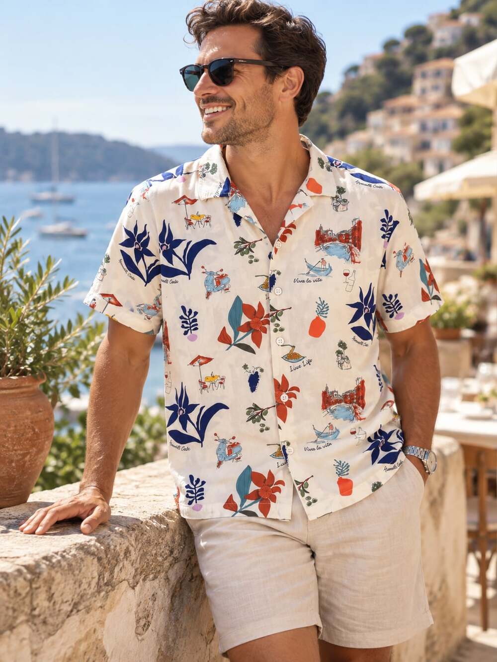 Kenneth Cole New York Men's Short Sleeve Vacation Print Camp Shirt